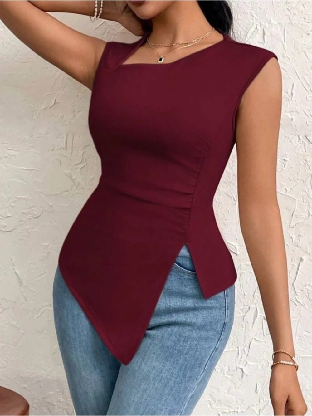 Burgundy Asymmetrical Peplum Top | Elegant Sleeveless Blouse